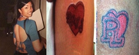 A picture of Princess Love's butterfly tattoo (left) and the matching tattoo (mid and right) with husband.